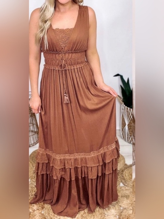 Dresses & Skirts - . Picture Perfect Brown Lace Crochet Tie Ruffle Maxi Dress